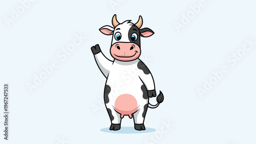 Friendly black and white cow waving its hoof in a greeting, designed as a cheerful and inviting animal character for children.