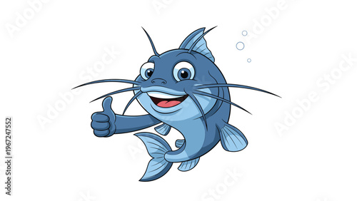 Cheerful blue catfish swimming and giving a confident thumbs up, featuring large expressive eyes and long whiskers in an underwater scene.