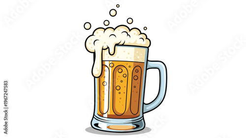 Refreshing glass of light beer with a thick white foam head spilling over the side and rising bubbles in a classic tall mug.