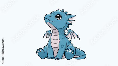 Tiny blue baby dragon sitting peacefully with a gentle expression and small wings, shown in a charming and cute vector style.