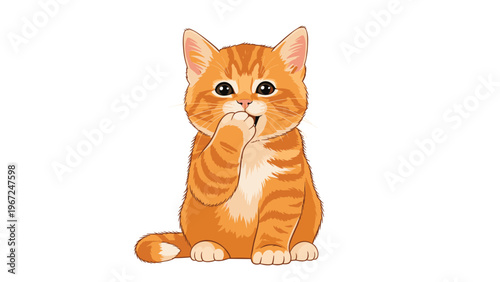 Sweet little ginger kitten sitting and looking curiously at the camera with its tiny paw near its mouth in a soft art style.