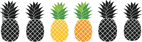Collection of Pineapple Icons in Different Colors Featuring Black, Yellow, and Green for Fruit and Tropical Designs