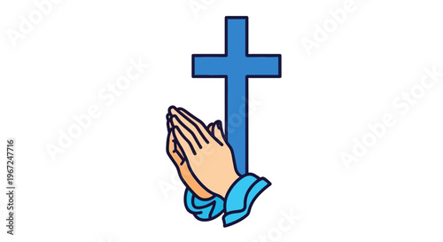 Praying hands with blue cross symbol.