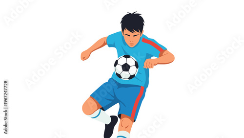 Athletic soccer player in a blue and red uniform skillfully controls the ball with his chest during an intense match on a white background.