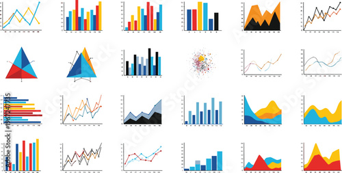 Colorful Collection of Various Data Visualization Charts, Graphs, and Diagrams Including Bar, Line, and Area Graphs for Business and Analytics