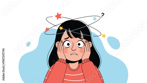 Young girl in a red striped sweater looks confused and dizzy with spinning stars and a question mark floating around her head.