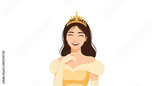 Beautiful princess with a golden crown and elegant yellow gown laughs joyfully with her eyes closed in a moment of pure happiness.