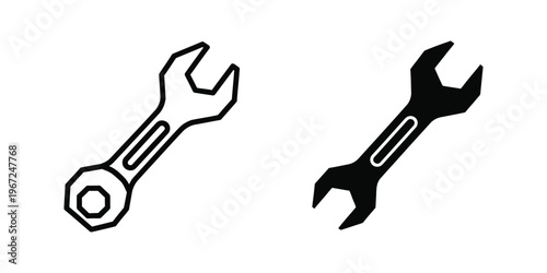 Two contrasting wrenches depicted in simple line art and solid black design