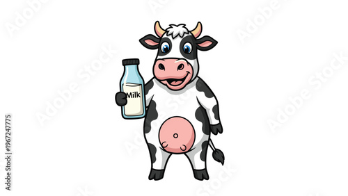 Friendly spotted cow stands and holds a glass bottle of fresh milk with a big smile, representing dairy farming and healthy nutrition.