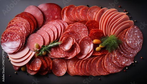 delicious variety of sliced salami and cured meat pieces arranged closely together creating a rich savory food texture