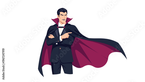 Classic vampire man in a formal suit and a long black and purple cape stands with his arms crossed and points confidently to the side.