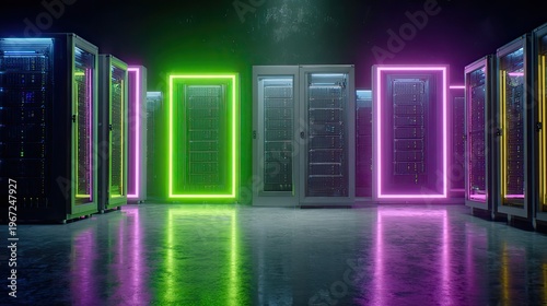 neon lit server room with colorful glowing outlines
