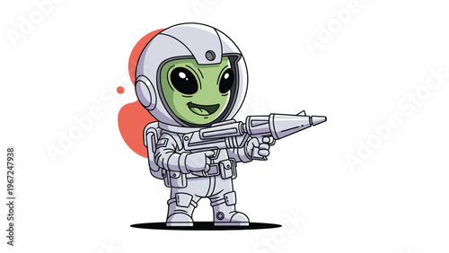 Cute green alien in a white space suit and helmet holds a futuristic ray gun and smiles, ready for an outer space adventure or mission.