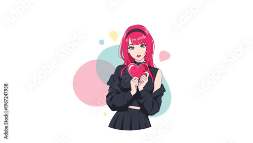 Sweet anime girl with vibrant pink hair and a black headband holds a small red heart to her chest with a loving and soft expression.