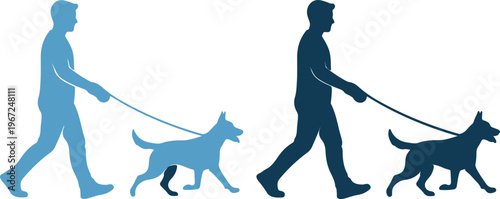 Silhouettes of people walking dogs on leashes in different shades of blue