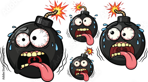 Funny cartoon bomb characters with panic expressions, set of 4 round black explosive icons with lit fuses, stressed emoji bombs with tongues out