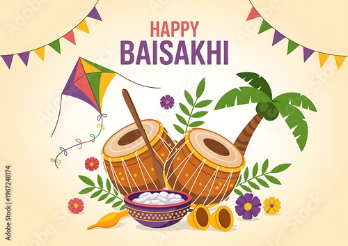 Happy baisakhi celebration with traditional indian drums and kite on beige background