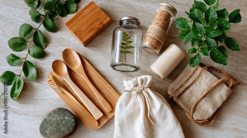 Wallpaper Mural Eco-Friendly Lifestyle: An array of sustainable and eco-conscious objects, including wooden utensils, linen bag, and glass jar. Torontodigital.ca