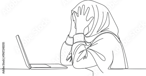 Frustration Icon Featuring Person with Headscarf in Front of Laptop for Emotional, Stress, and Technology-Related Designs