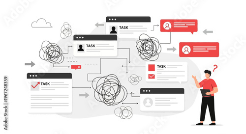 Confused man managing chaotic business task workflow illustration