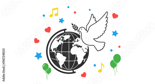 Dove flying over globe with peace.