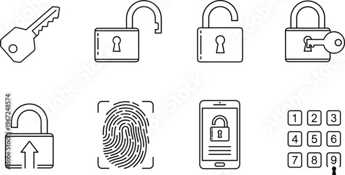 Security lock and key icon set with fingerprint mobile password padlock symbols vector illustration for cyber protection access system