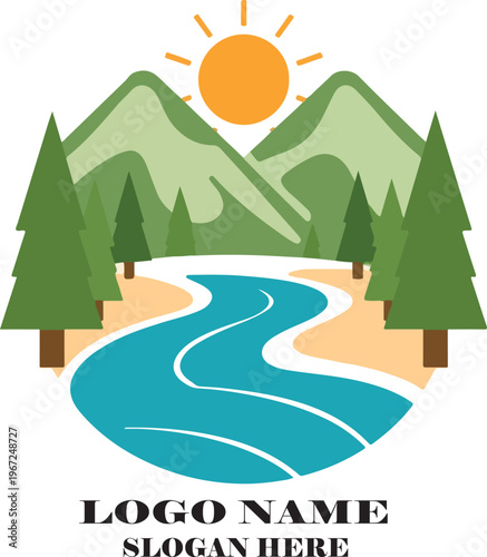 Summer landscape with mountains trees river and bright sun in a peaceful nature scene