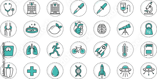 Health, Science, and Wellness Icon Set with Medical, Exercise, Nutrition, DNA, and Scientific Symbols for Healthcare, Fitness, and Research Design