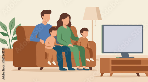 Family of four sitting on a couch watching TV together at home