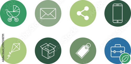 Icon Set Featuring Stroller, Envelope, Phone, Kite, Box, and Tag for Lifestyle, Shopping, Communication, and Business Designs