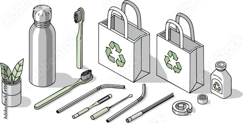 Isometric Illustration of Zero Waste Lifestyle and Eco-Friendly Products Including Reusable Water Bottle, Paper Bags, Bamboo Toothbrushes, and Metal Straws for Sustainable Living