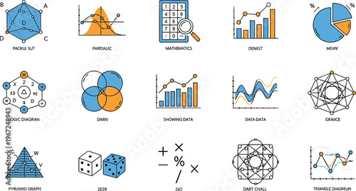 Mathematics and Data Visualization Icon Set Featuring Graphs, Diagrams, Calculators, and Data Charts for Educational, Analytical, and Statistical Designs