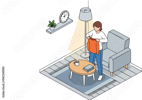 Isometric Vector Illustration of a Woman Choosing Clothes in a Minimalist Living Room Interior with Lamp and Coffee Table