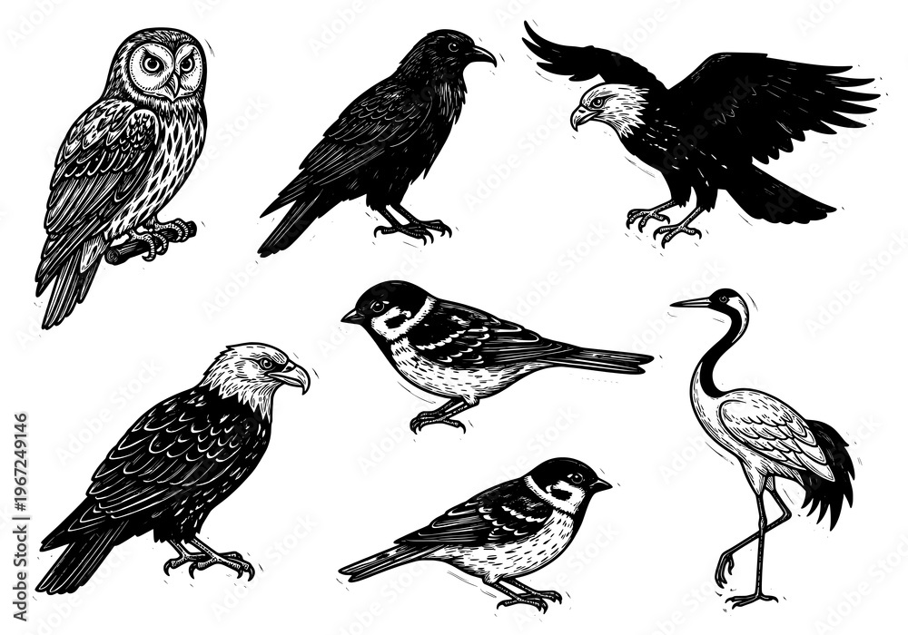 Naklejka premium A collection of seven different bird species illustrated