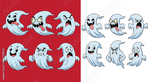 Cartoon ghost character set with 6 expressive emotions, funny halloween spirit vector illustrations, spooky phantom mascots for holiday design