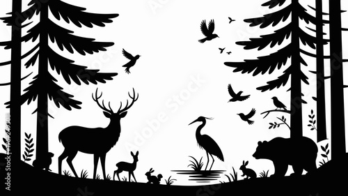 Wild forest animal silhouette illustration with deer, bear, wolf, and pine trees in natural woodland scenery, wildlife nature design