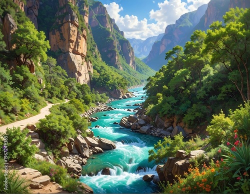 A serene river flows through a lush valley surrounded by mountains