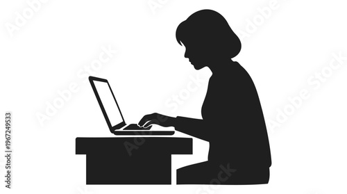 Silhouette illustration of a person diligently working on a laptop computer at a desk, symbolizing focus, productivity, and the modern digital workspace environment