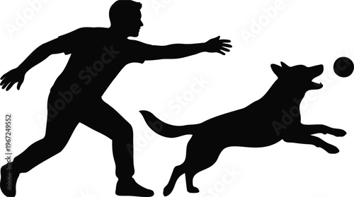 Energetic man and dog enjoying playful outdoor activity, a silhouette capturing their joyful interaction with a ball