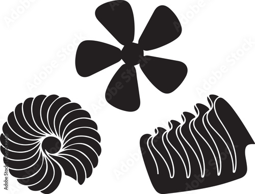 Collection of diverse abstract black silhouette shapes, including elegant spirals, dynamic fan elements, and fluid wavy patterns for graphic design