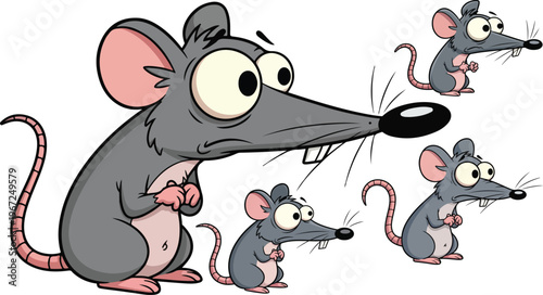 Funny cartoon rat character with big eyes, set of 4 grey mouse vector illustrations, comical rodent mascot with expressive face and long tail