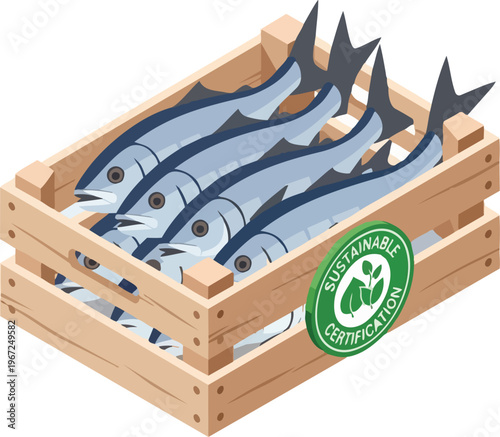 Isometric Vector Illustration of Fresh Mackerel in a Wooden Crate with Sustainable Certification Badge