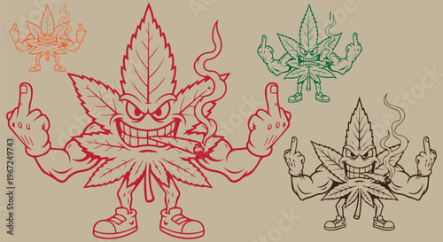 Vintage cannabis leaf cartoon character set, muscular marijuana mascot smoking a joint, aggressive hemp leaf vector illustration showing middle finger