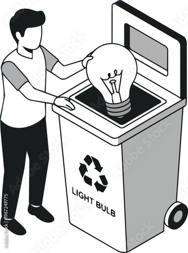 Isometric Illustration of a Man Disposing of a Large Light Bulb into a Dedicated Recycling Bin for Waste Management and Environmental Sustainability Concepts