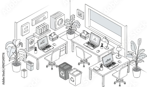 Isometric Line Art Illustration of Modern Sustainable Office Workspace with Laptops, Potted Plants, and Recycling Bins for Green Business Concepts