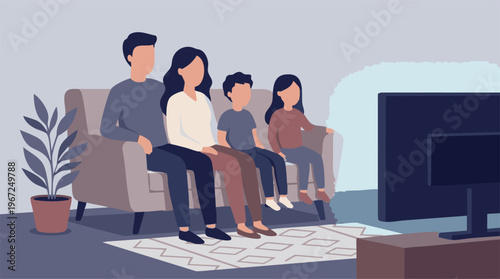 Family watching television together on couch in a modern living room