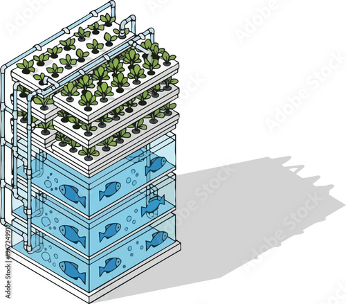 Isometric Illustration of a Vertical Aquaponics System for Sustainable Urban Farming and Hydroponic Vegetable Cultivation