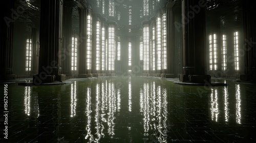 abandoned church interior with columns and stained glass windows