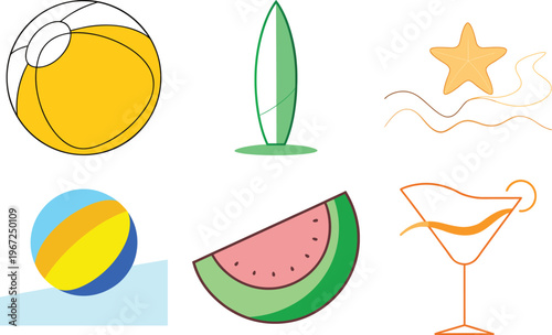 Colorful Summer Beach Icons Set: Surfboard, Beach Ball, Watermelon, Cocktail, and Star with Waves - Vector Illustration