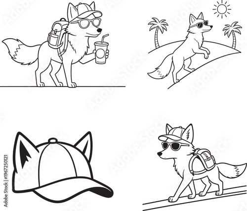 Whimsical Hand-Drawn Fox Character Illustration Set Featuring a Cute Fox Wearing a Baseball Cap and Sunglasses Exploring Nature, Hiking, and Resting Under Trees - Minimalist Black and White Line Art